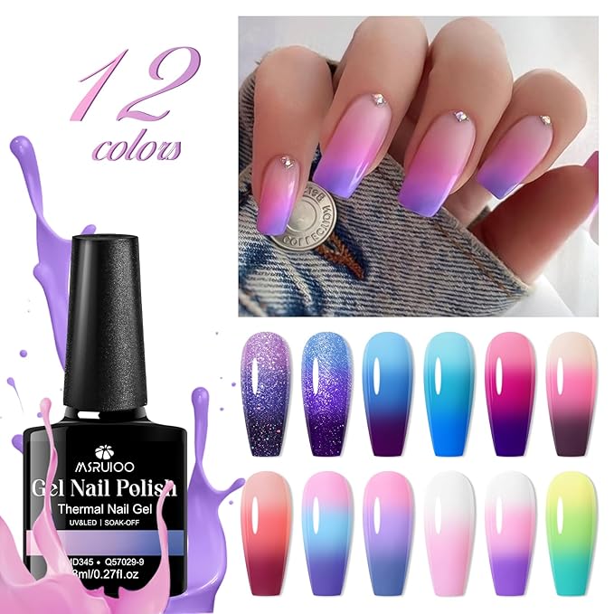 12 Colors Color Changing Gel Nail Polish Set Glitter Blue Purple Temperature Mood Changed Gel Polish Kit Pink Lemon Green Manicure Gifts for Women Girls