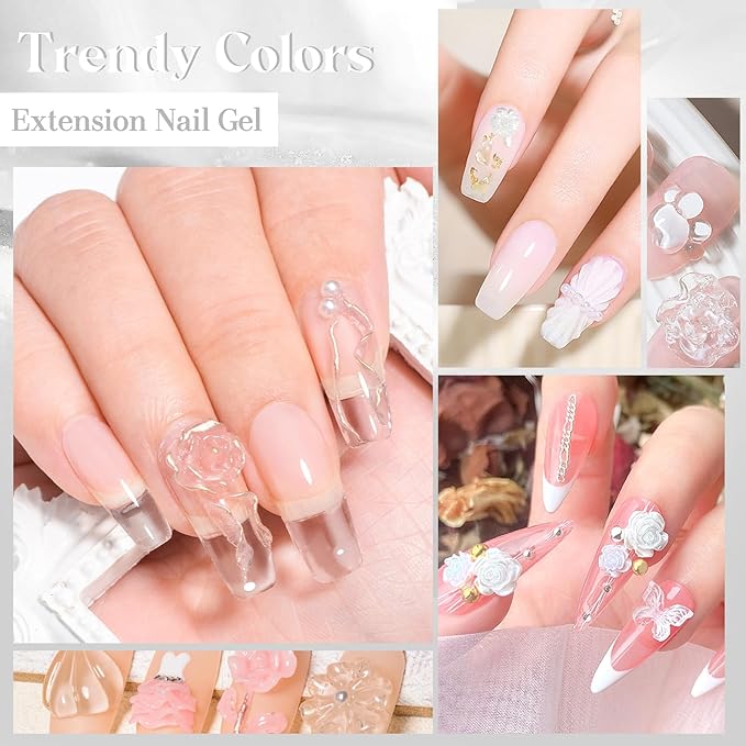 MEET ACROSS All-in-One Extension Mini Kit 2×7ml Non-Sticky Builder Gel Starter Kit WIth Base & Top Coat/Dual-Silicone Pen/Pro File/20-Pc Reusable Dual Forms Salon-Grade Extensions (Clear+White)