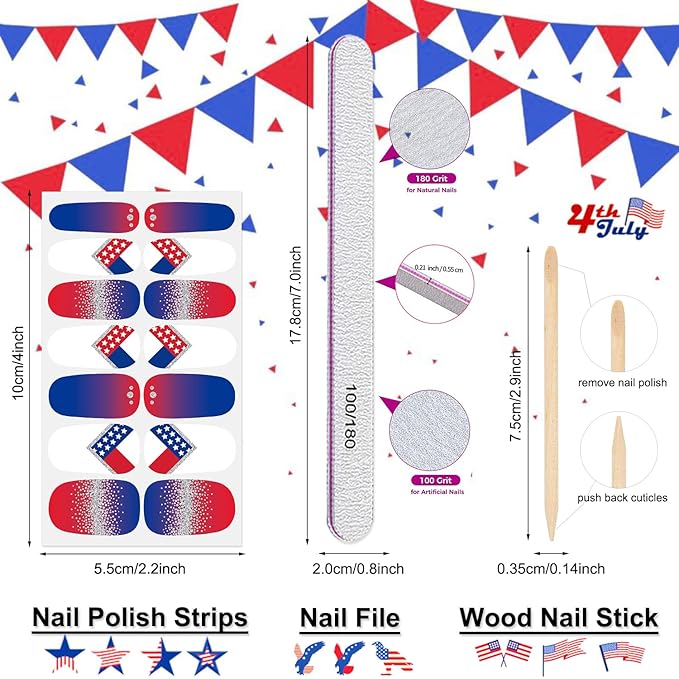 DANNEASY 24 Sheets Independence Day Nail Polish Stickers 4th of July Nail Wraps for Women Self Adhesive Nail Polish Strips Fingernail Stickers Stick on Nails with Nail File, Cuticle Stick