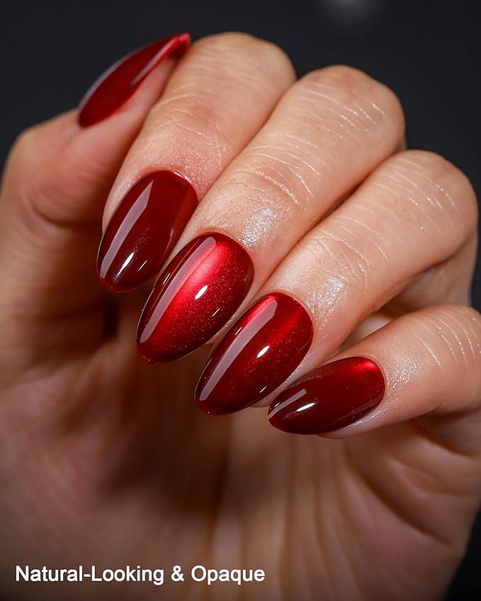 Burgundy Red Cat Eye Press on Almond Nails Short 16 Sizes Glass Glossy Gel Fake Manicure with Glue & Stick