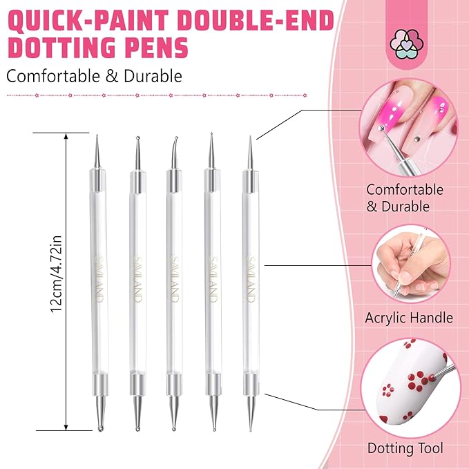 SAVILAND 6pcs Nail Art Liner Brushes & 5pcs Multi-Size Dotting Tools Set - Nail Brush Gel Polish Painting Nail Art Design Brushes Pen with Crushed Diamond Rhinestone Handle for Pulling Lines
