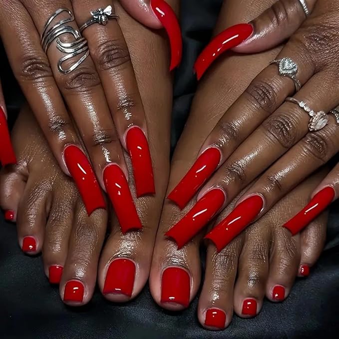 48Pcs Red Press on Nails Long Curved Fake Nails with Designs Glossy Solid Red Press on Toenails Short Square Fake Toenails Reusable Full Cover Summer Beach False Toenails for Women Girls Manicure
