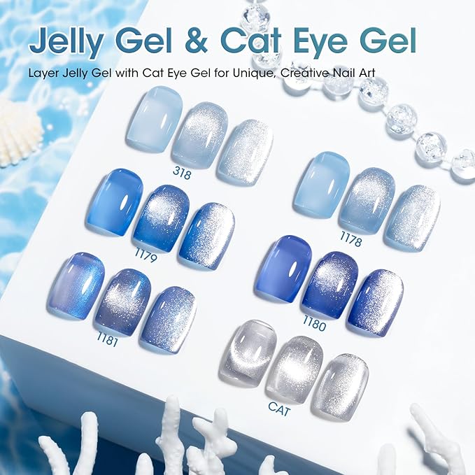 GELLEN Jelly Blue Gel Nail Polish Set, 6pcs Transparent Jelly Blue with Silver Glass Cat Eye Gel Nail Polish with Magnet, for Salon Nail Art at Home DIY