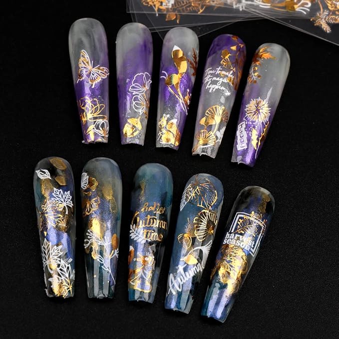 Autumn Leaves Nail Decals,Bronzing Fall Nail Stickers White Laser Gold Maple Leaf Nail Art Stickers,3D Self-Adhesive Stickers for Nails Decorations Accessories Women DIY Nail Supplies,9 Sheets/Set