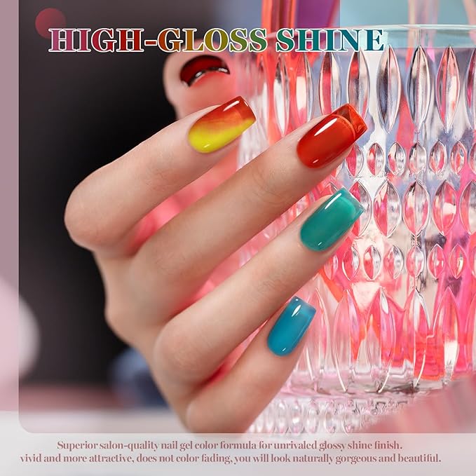 RARJSM Amber Jelly Gel Nail Polish Set 6pcs Clear Glazed Stained Glass Rose Pink Red Blue Green Yellow Series Crystal Transparent Sheer Gelpolish Curing Requires Soak off Home Salon Manicure