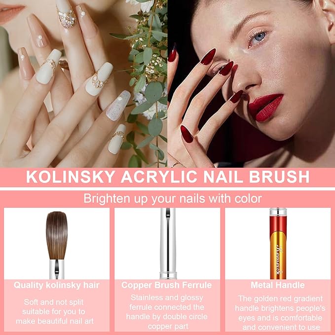 Acrylic Nail Brush Size 16, Kolinsky Nail Art Brushes for Powder Application, Sturdy Handle Oval Shaped Design Tools for Professional Manicure DIY