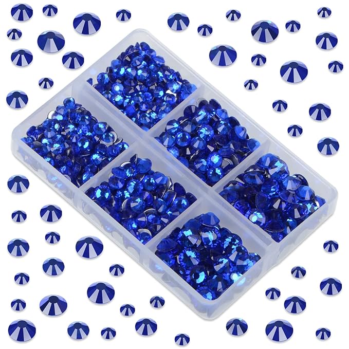 LPBeads 6000 Pieces Sapphire Non Hotfix Rhinestones 6 Sizes Round Crystal Glass Flat Back Rhinestones with Tweezers and Picking Pen for Nail Art Crafts Bags DIY