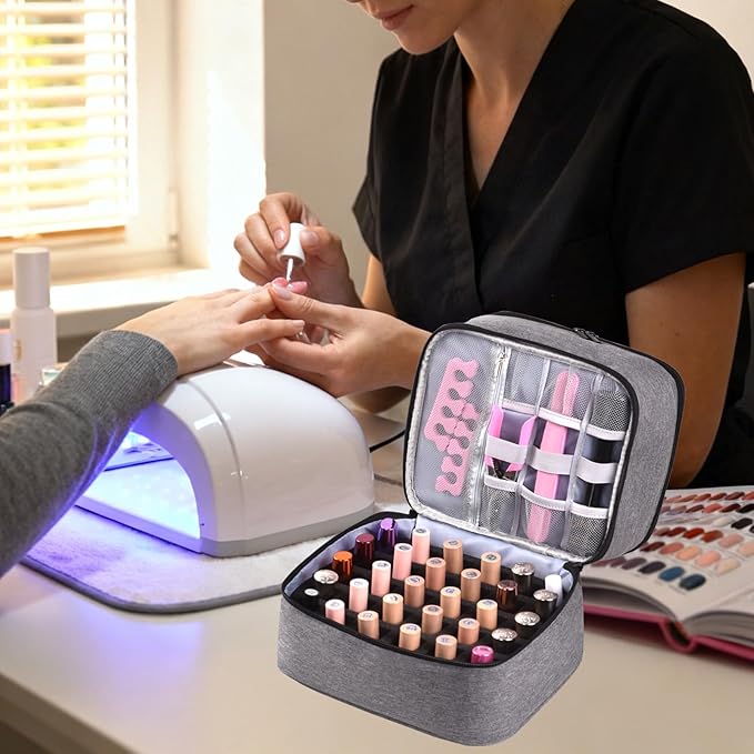 Upgraded Nail Polish Organizer Case - Holds 30 Bottles and 1 Nail Light, Double-layer Nail bag Organzier Case Nail Polish Storage Bag with Handles (Style B-Grey)