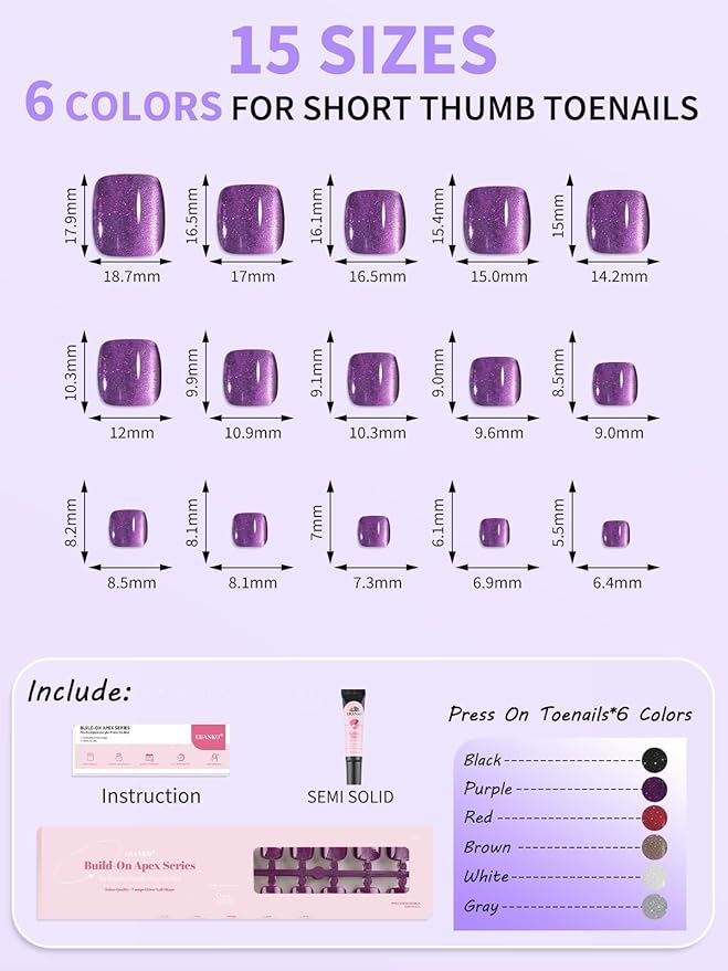 EBANKU Press On Toenails Short Square, 180 Pcs Cat Eye French Toe Nail Tips False Toenails 15 Sizes Press On Nails Purple Red Black White Full Cover Nail Tips with Nail Glue for Nails DIY Salon Home