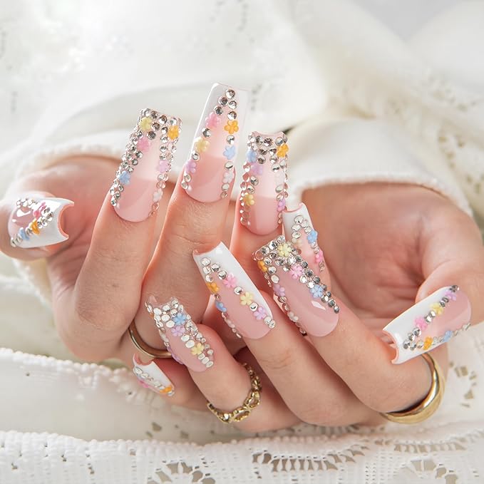 LOVFUL Short French Tip Press on Nails Floral Bloom | Handmade Acrylic Press ons| Reusable Fake False Nails | Square Classic Regular 1.3in | H705-L