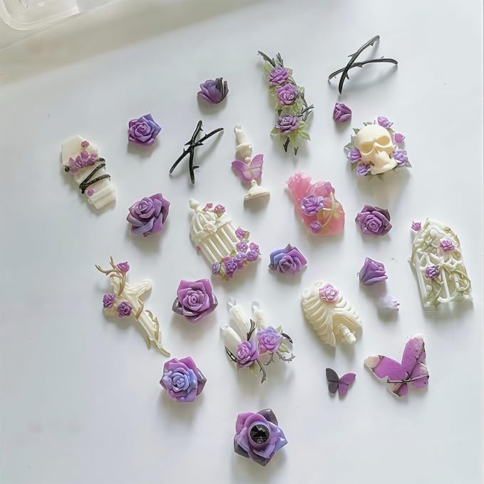 Gothic Nail Art Molds Kit - 3D Skull Rose Butterfly Designs DIY Manual Manicure Decoration Halloween Individual Nail Molds