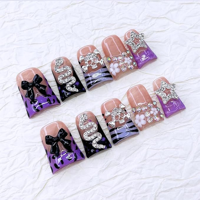 10 Pcs Handmade Press on Nails Duck 3D Luxury Rhinestone False Nails with Bow Stars Design Full Cover Thick French Tip Fake Nails Acrylic Reusable Stick on Nails for Women Grils DIY Decoration（Size M）
