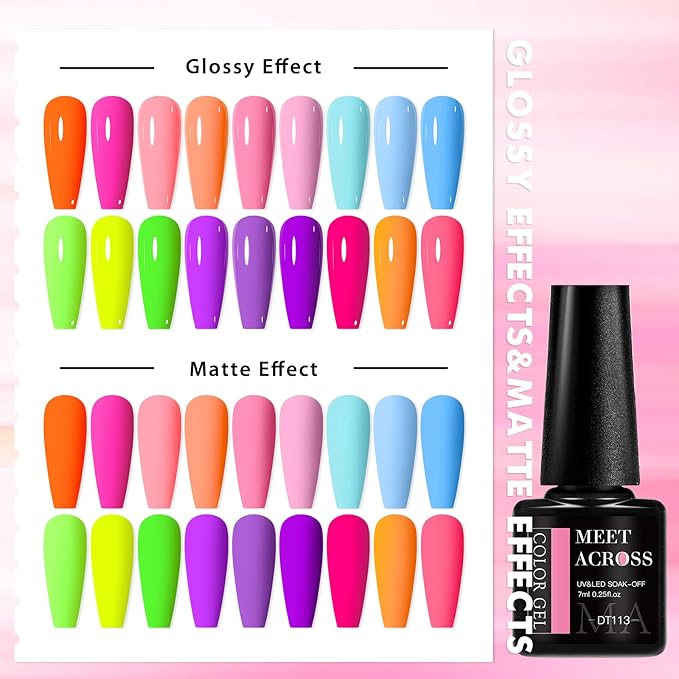 MEET ACROSS 18Pcs Gel Polish Kit Pink Purple Sky Blue Green Orange Bright Color Rainbow Gel Nail Polish Set All Season Manicure Gift for Women