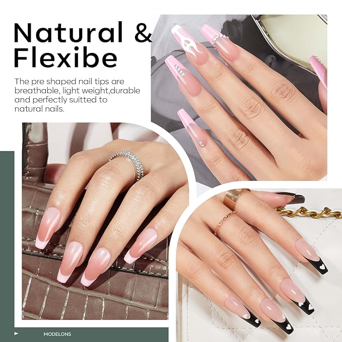 modelones X Nail Gel Kit, Fake Nails Long Coffin, 9-in-One Glue Prep Dehydrator & Portable Mini U V Light Acrylic Clipper, 500Pcs Coffin Tips for Extension Kit DIY Salon Home Gifts for Women