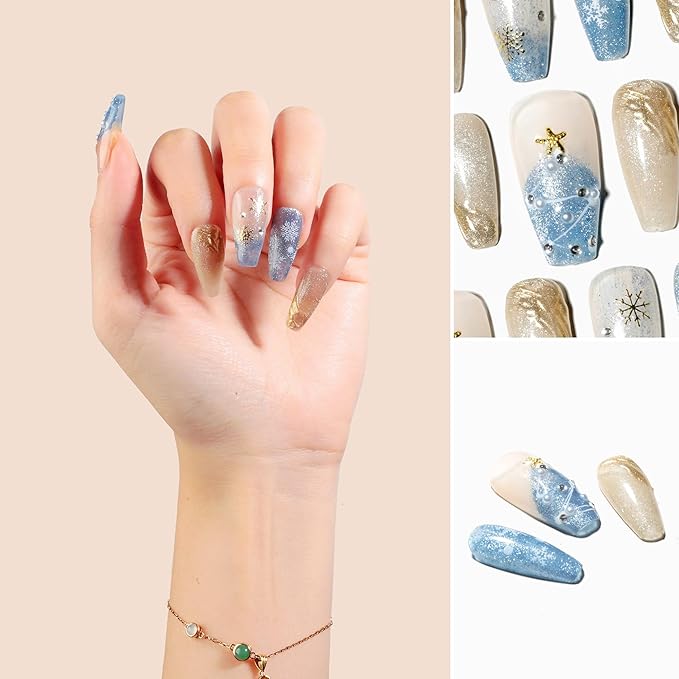 Sun&Beam Nails Handmade Press-on Medium Long Coffin Ballerina Blue White Gold Green Glitter Winter Christmas Design False Nail Tips 10 Pcs (#143 M)