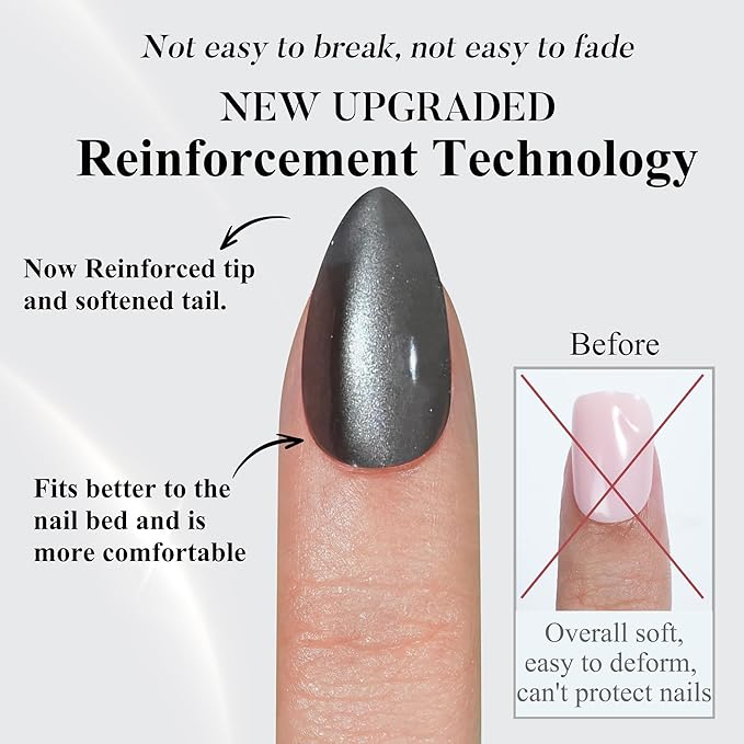 Grey Press on Nails Short Almond, Jofay Fashion Cat Eye Soft Gel Fake Nails, Reusable & Natural Acrylic False Nails, Glue on Nails Kit for Women Girls Gift 32 Pcs