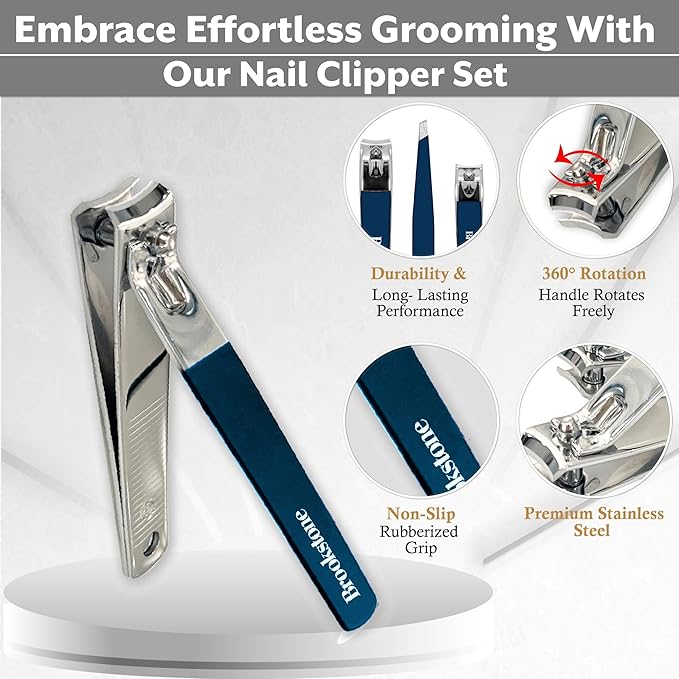 Brookstone Nail Clippers Set - Premium Stainless Steel Nail Clipper and Nail Cutter with Rubberized Non-Slip Grip, Includes Case and Tweezer, Two Nail Clippers for Precision Grooming (Navy)