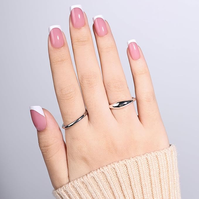 French Tip Press On Nails - Short Square Blush Pink Press on Nails Glossy Nails Press Ons for Women DIY Fake Nails Kit, Reusable Glue on Nails Short in 16 Sizes - 32pcs, Blush Tip
