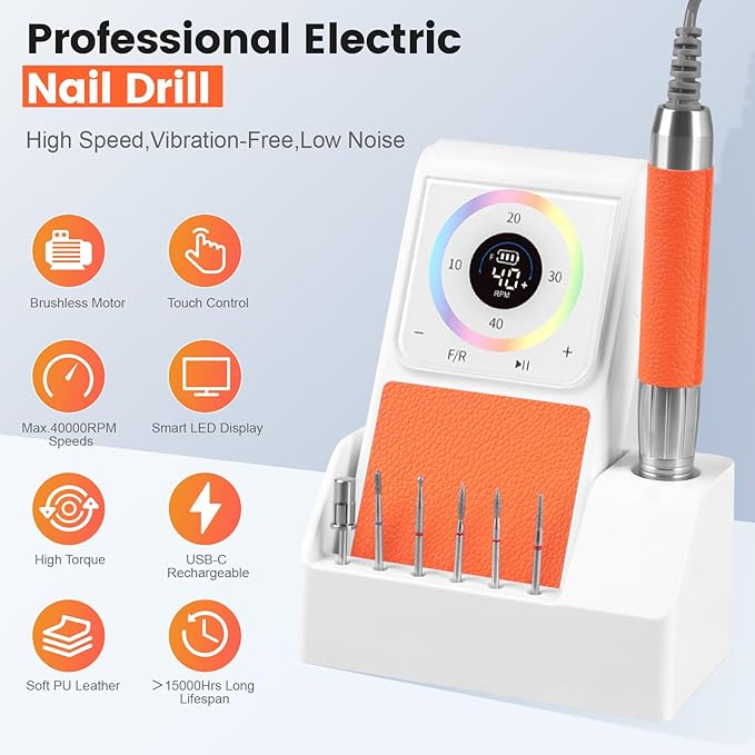 Professional Nail Drill, 40,000RPM Electric Brushless Nail Drill, Rechargeable, Portable, Touch Control, Quiet, Vibration-Free, Cordless Nail File Machine with 7PCS Drill Bits