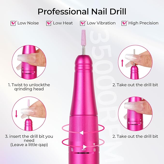 Lavinda Professional Nail Drill 35000 RPM, Cordless Rechargeable Electric Nail File for Acrylic Gel Nails, Efile Nail Drill Machine for Home and Salon Use (Viva Magenta)
