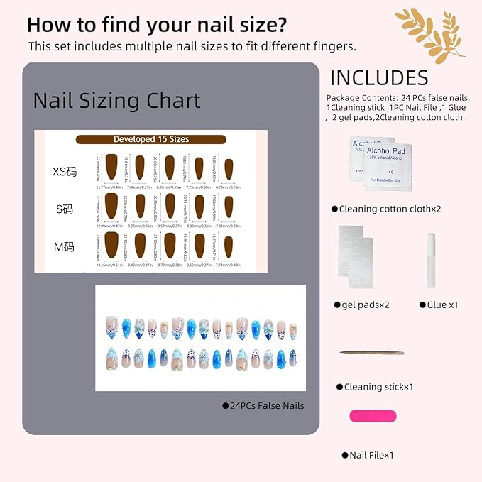 3D Blue Floral Press on Nails (30 Pcs) - Long Almond Fake Nails with Handmade Flower & Glazed Design,Easy Application Manicure Set for Work, Party & Daily Use, Perfect for Women