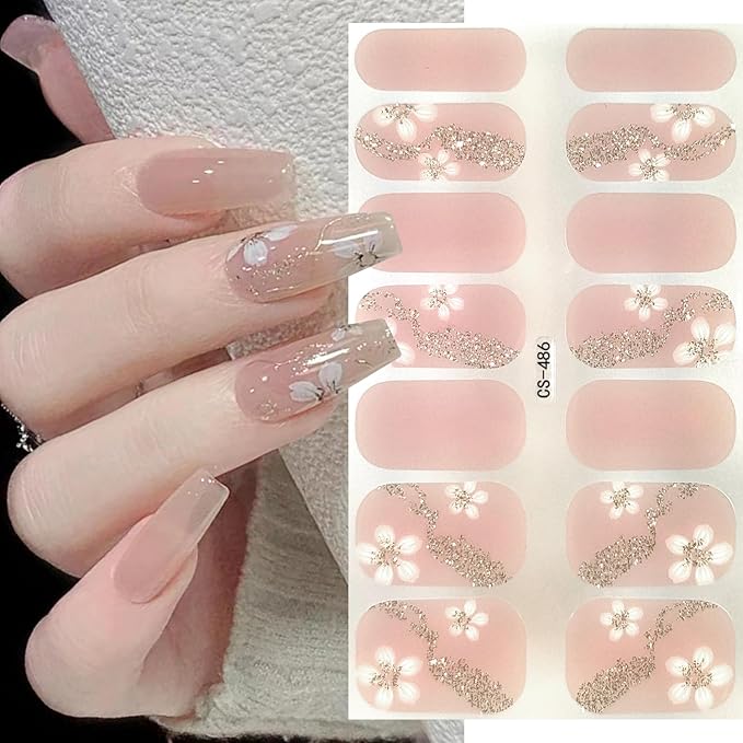 Spring Gel Nail Stickers 4 Sheets Flowers Nail Polish Strips Summer Cute Cherry Blossom Floral Design Nail Art Supply Self-Adhesive Long Lasting Nail Polish Wraps Full Wrap Nail Strips for Women