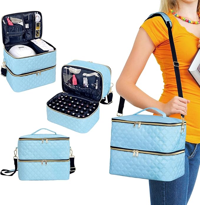 Nail Polish Organizer Case Holds 40 Bottles(15ml/0.5fl.oz) and Nail Lamp, Double Layer Nail Polish Storage with Adjustable Dividers,Portable Carrying Bag for Nail Kit, Manicure Tools Sky Blue