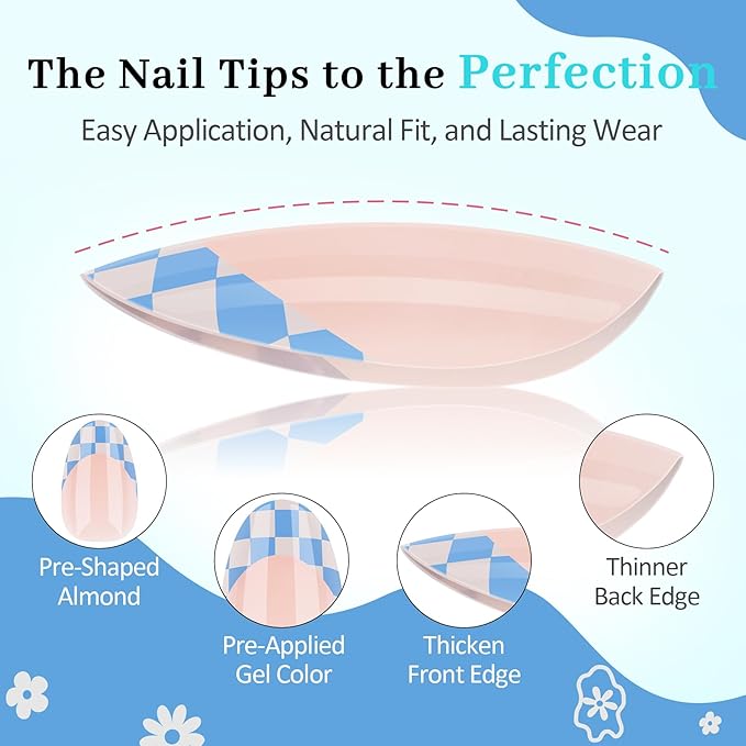 16 Sizes Press on Nails Kit for Kids - 32 Pieces French Almond Fake Nail Tips for Girls 8-12 Years Old with Jelly Nail Adhesives & No-Lamp Nail Glue, Birthday Christmas Gifts(French Blue Grid)