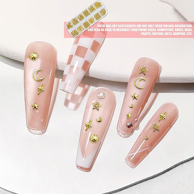 Gold Silver 3D Nail Charms, 2Boxes 24Grids Bow Star Nail Gems Nail Studs,Punk Metal Alloy Rivet Stickers Bowknot Nail Art Decorations Accessories for Nail Art Design DIY Crafts (Gold Silver B)