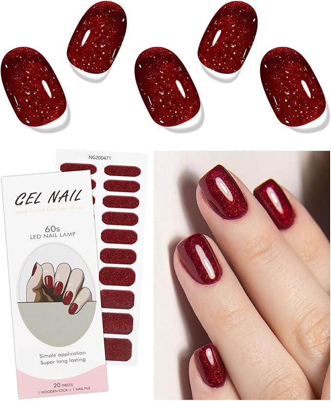JMEOWIO Gel Nail Stickers Dark Red Glitter Christmas Semi Cured Gel Nail Strips Wraps UV/LED Nails Art Design Decoration Accessories