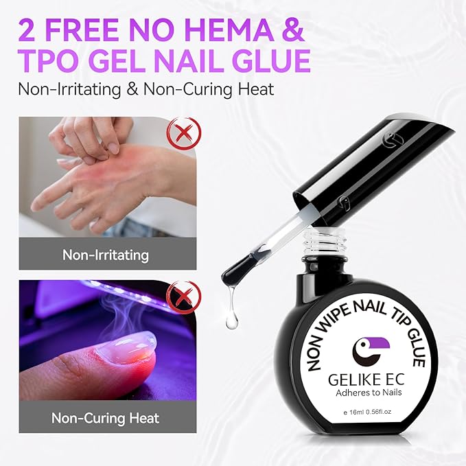 Gelike ec Gel Nail Glue for Women: UV Nail Glue Gel 6 in 1 Hema Free for Clear Acrylic Nails Tips - New Formula 12 Toxin-Free Super Strong DIY Home Salon Use 16ml