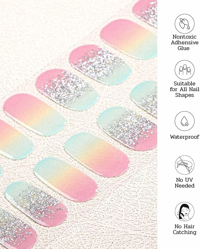 Nail Polish Strips (No UV Lamp Needed) - 22 Pcs Salon Quality Gel Nail Stickers - Long Lasting Wraps (Rainbow Basket Blue&Yellow)