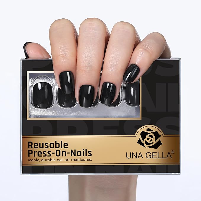 UNA GELLA Soft Gel Press on Nails - 32Pcs 15 Sizes Short Round Black Fake Nails, Glossy Reusable Glue on Nails for Women, Durable Artificial Nails Kit for DIY Manicure