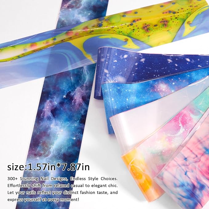 DANNEASY 300 Sheets Holographic Nail Foils Film, Iridescent Nail Art Transfer Foil Stickers Marble Leopard Print Foil Paper Sheets Starry Sky Star Design Sticker for Nails Decoration Supplies