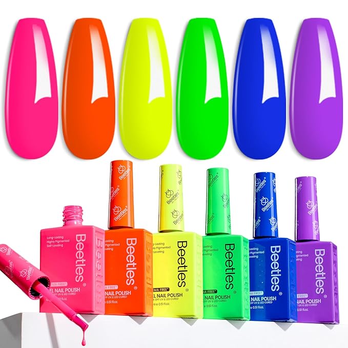 Beetles Gel Nail Polish Set – 6 PCS HEMA-Free Neon Bright Gel Nail Kit, Highly Pigmented Soak Off UV LED Long-Lasting Tropical Mood Color Valentines Gift Set for Women DIY Manicure Home Salon