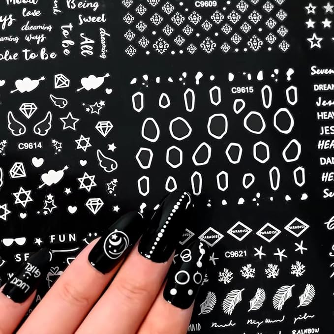30 Sheets Silver Nail Art Stickers 3D Self Adhesive Sliver Line Nail Decals Heart Star Nail Sticker for Nail Art Silver Nail Design Nail Art Supplies for Women Acrylic Nails Decoration