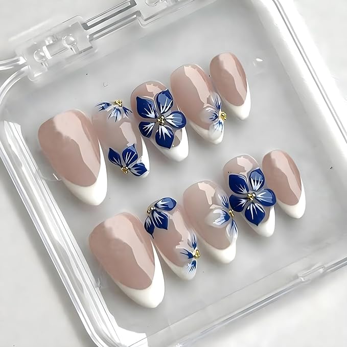 24Pcs White French Tip Press on Nails Short Almond Fake Nails with 3D Gold Beads Designs Blue Flower Acrylic Nails Glossy Full Cover False Nails Spring Glue on Nails Floral Artificial Nails for Women
