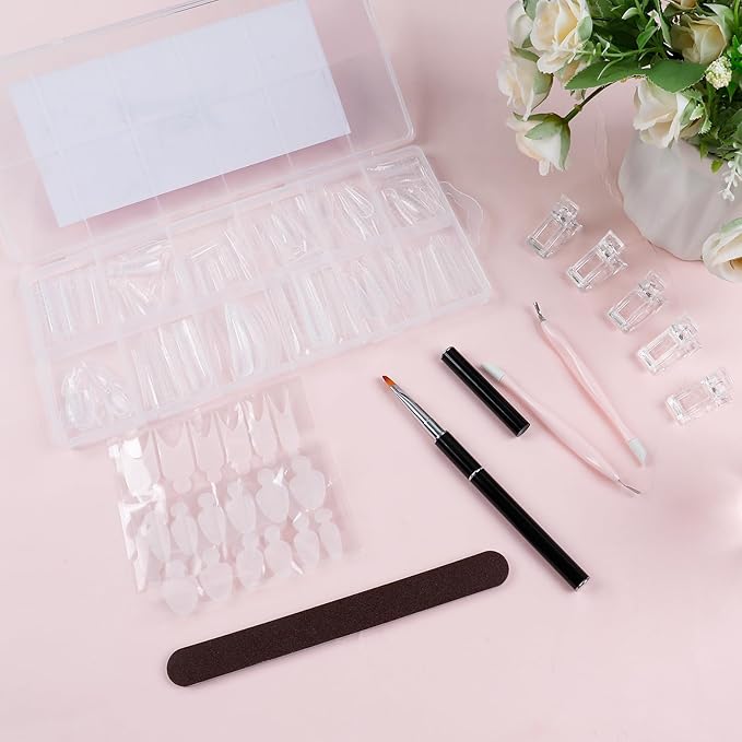 Nail Dual Forms for Poly Gel Set, 12 Styles 12 Sizes Nail Mold Extension Forms, 144Pcs Full Cover False Nail Tips, Duet System with 5pcs Nail Clips Nail Brush Nail Files Cuticle Trimmer