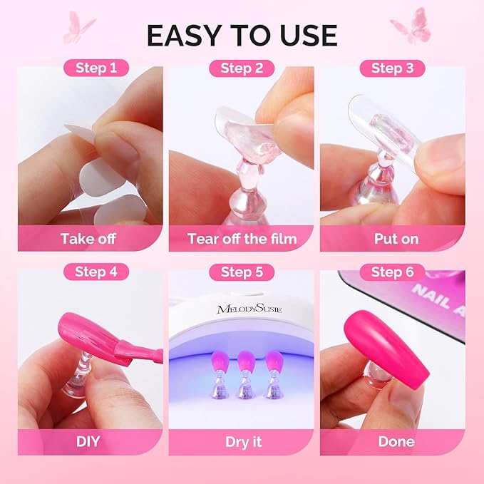 MelodySusie Nail Stand for Press Ons, Super Pink Metal Square With Butterfly Pattern Magnetic Base for Painting Display with Brush Holder And Reusable Double-Sided Tape for Home DIY Salon Supplies