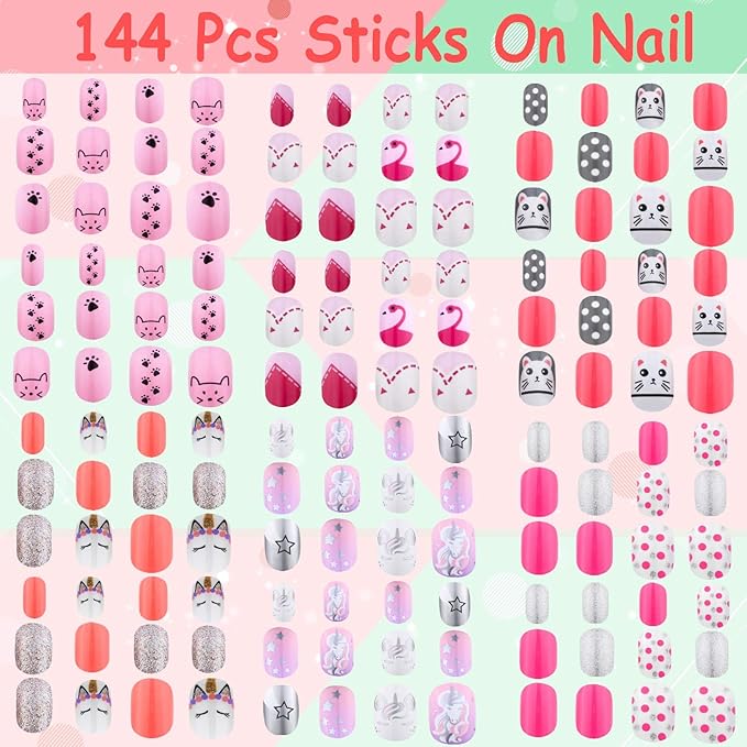 144 Pcs Thrilez Kids Press on Nails for Girls, Teens - Artificial Nail Tips, Pre Glue Full Cover Short Nails - Nail Art Decoration (Pink Series)