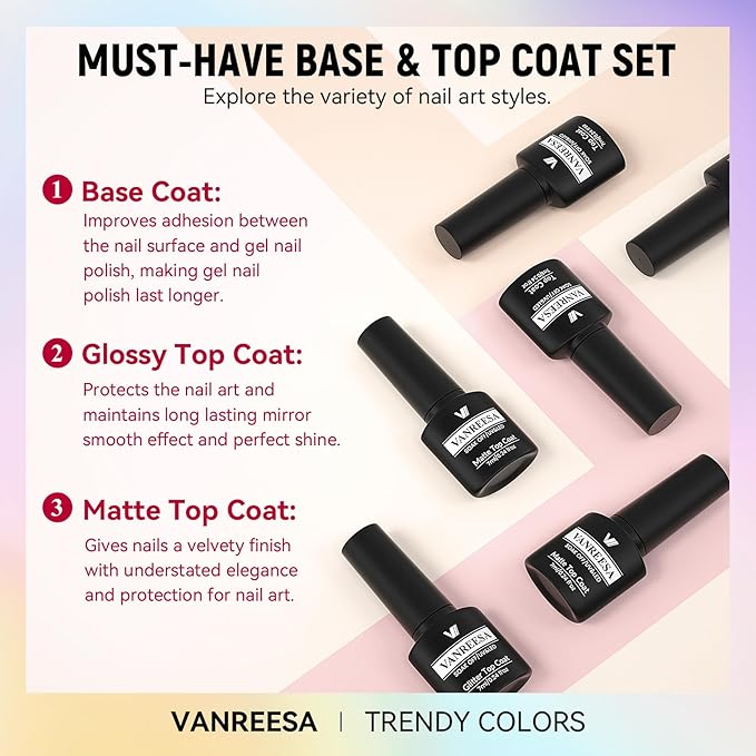VANREESA 24 Pcs Gel Nail Polish Set, 21 Colors Christmas Gel Polish with Base Coat Glossy & Matte Top Coat Red Orange Yellow Green Blue Purple Gel Polish Kit Nail Kit Gifts for Women