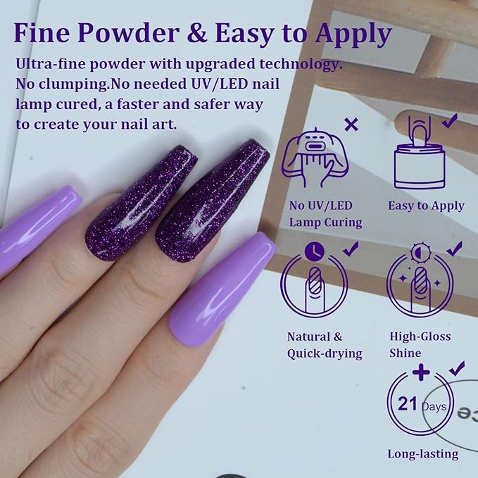 Glitter Dip Powder - Purple Color, 1 Oz/28g, DIY Nail Dipping Powder for Salon-Quality Manicure at Home, No Lamp Needed