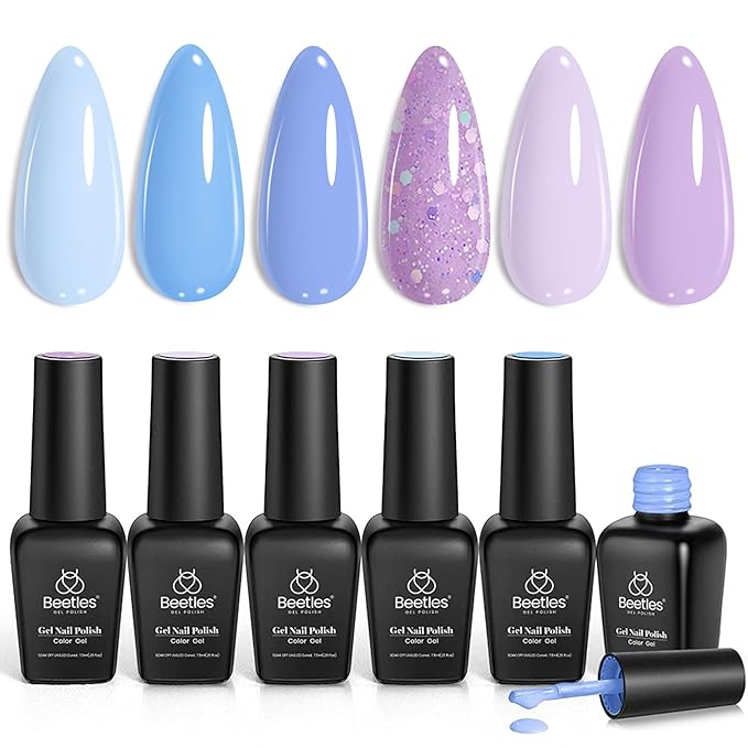 Beetles Gel Nail Polish Set - 6 Colors Purple Baby Blue Light Color Gel Nail Kit Lavender Violets Collection Soak Off UV LED Gel Manicure DIY Periwinkle Nail Polish Salon Spring Gift for Women Girls