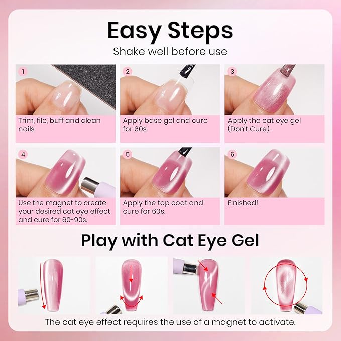 MIZHSE Cat Eye Gel Nail Polish, Ceramic Magnetic Gel Polish with Magnet Stick, Crystal Shimmer Pink Colors Nail Gel Soak Off Nail Art Salon Home Gift for Women 12mL