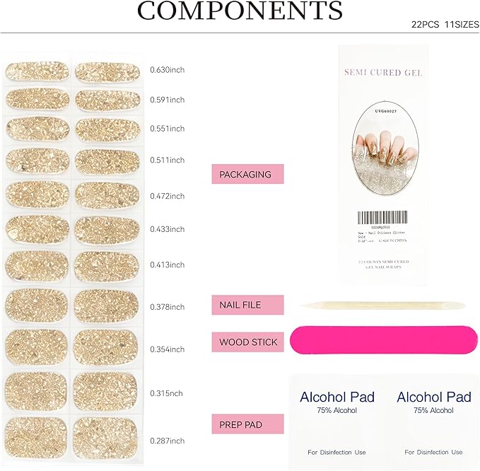 Semi Cured Gel Nail Strips Gold Glitter Nail Strips with UV/LED Required Long Lasting Gel Nail Stickers Includes 22 Strips 2 Prep Pads, Nail File & Wooden Stick