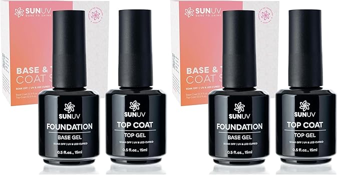 SUNUV 15ml Gel Top Coat and Base Coat Set, Hema Free Gel Nail Polish Kit 4 Pack, Art Manicure UV Nail Lamp No Wipe High Gloss Gifts for Women