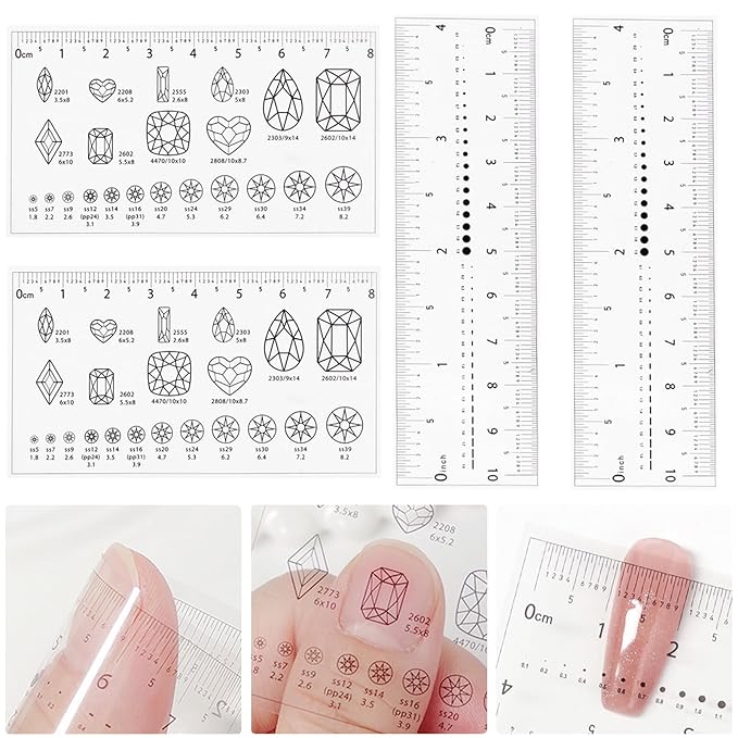 4-Piece Nail Measurement Ruler with Rhinestones - Measuring Tool for Acrylic Nails and DIY Manicure