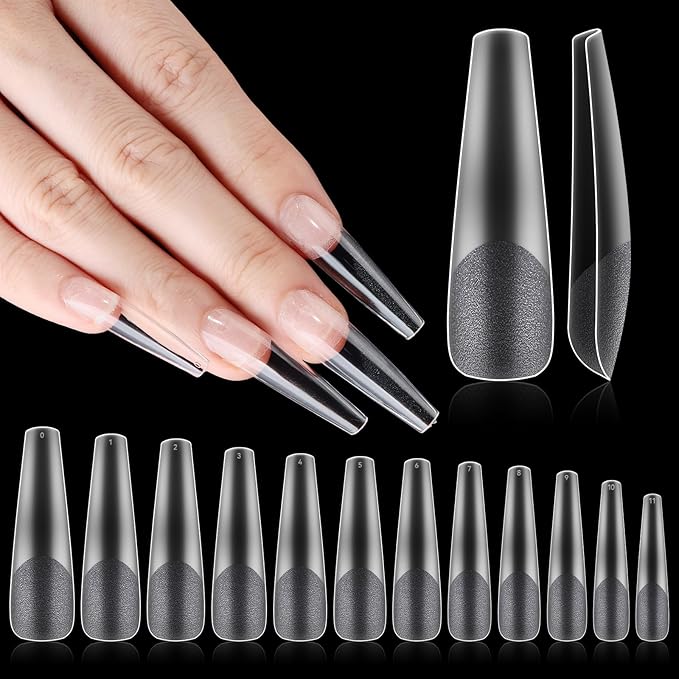 Flattened No C Curve, XXL Coffin Nail Tips, Half Matte Clear Half Cover Coffin Flat Tips for Acrylic Nails Salons Home DIY Extensions(12 Sizes 240PCS)