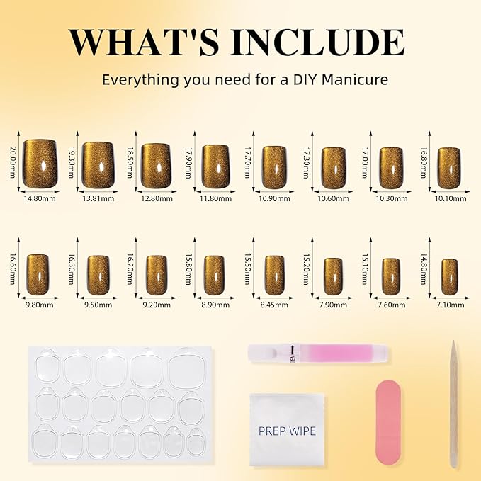 Gold Cat Eye Press On Nails - Short Square Metallic Gold Nails Press Ons for Women DIY Glossy Fake Nails Kit with Glue, Reusable Soft Gel Glue on Nails Short in 16 Sizes - 32pcs, Golden Mirage