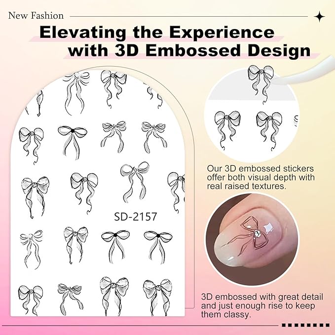 12 Sheets Bow Nail Sticker 3D Embossed Self-Adhesive Color Bow Art Nails Decals 5D Design Stickers Supplies for Women Girls Manicure Decoration 931-12